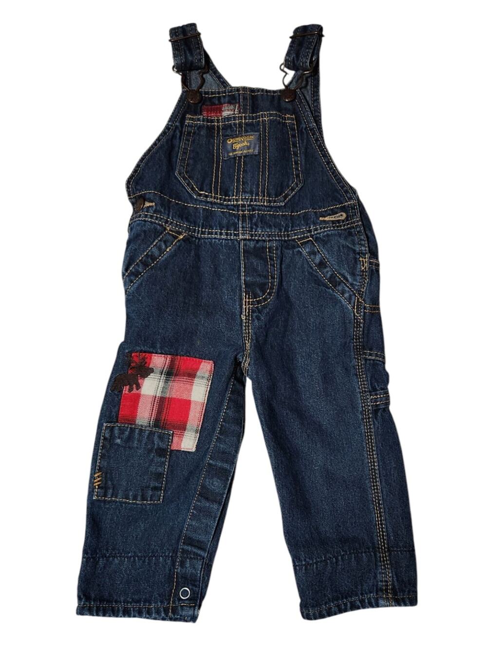 Osh Kosh Blue Denim Overalls Moose Toddler 9m Red Plaid Vestbak Carpenter